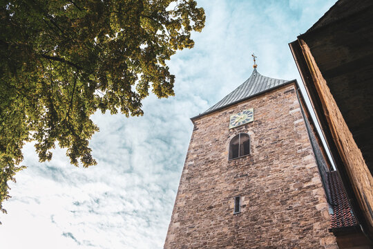 St. Martin Church Bramsche Historic Stone Church Tower with Clock at Market Square in Lower Saxony Germany