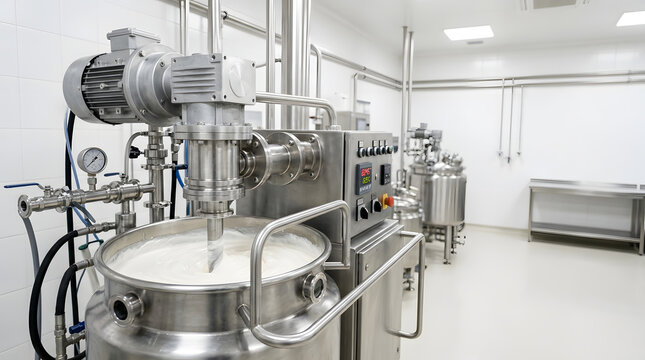 industrial high shear homogenizer mixer processing cosmetic pharmaceutical dairy and food products inside hygienic stainless steel manufacturing facility