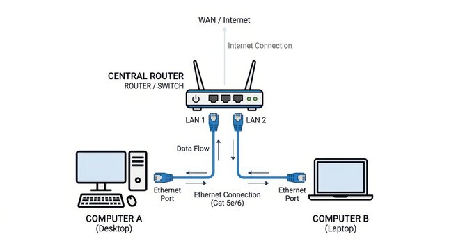 Simple network diagram showing data flow between desktop, laptop, and central router