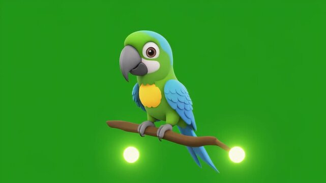 Green parrot perched on branch with glowing light during animation on chroma key background