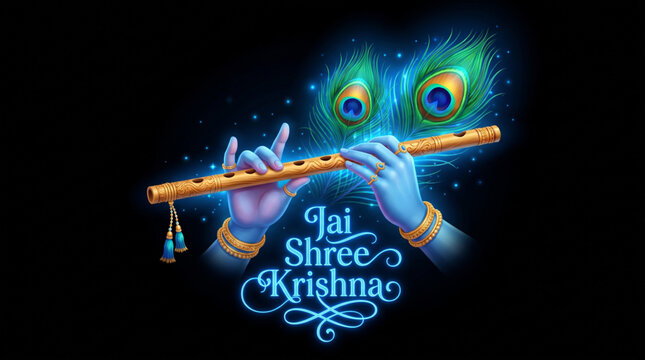 Glowing Krishna Flute with Peacock Feathers on Dark Background for Spiritual Greeting Design