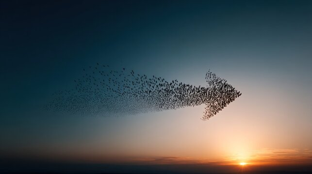 flock of birds forming an arrow flying toward sunrise, teamwork and vision --ar 16:9 --raw --profile nf7u6u9 --v 7 Job ID: 38ba9afa-4cef-40ef-8274-c1339bd63359