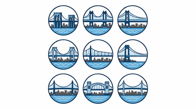 Flat Icon Set of Famous New York City Bridges in Circular Frames, Featuring Brooklyn Bridge, Manhattan Bridge, and Williamsburg Bridge, Over Blue Water and City Skyline, Vector Graphic Illustration