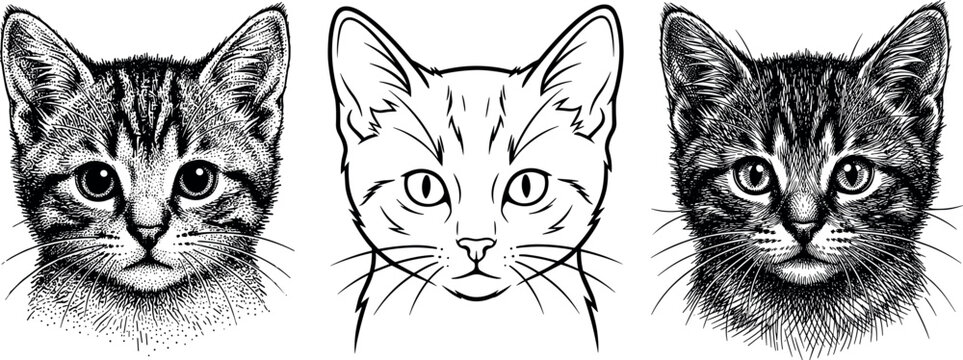 Cute Kitten Face Vector Set with Line Art and Detailed Engraving Illustrations