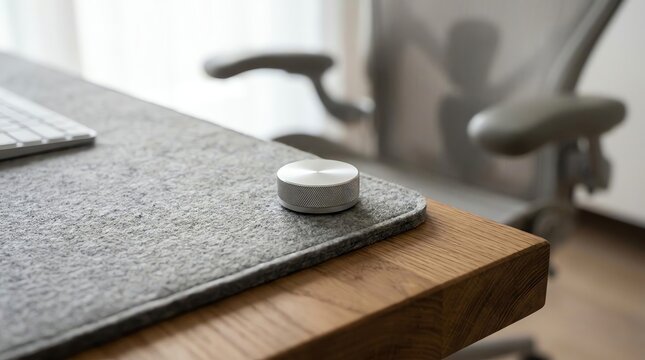 Modern desk setup: Felt mouse pad, metal dial, wooden desk, office chair, minimalist workspace