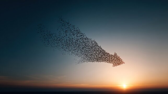 flock of birds forming an arrow flying toward sunrise, teamwork and vision --ar 16:9 --raw --profile nf7u6u9 --v 7 Job ID: ee8c6d1d-16a3-4bca-b04a-be7ac120762f