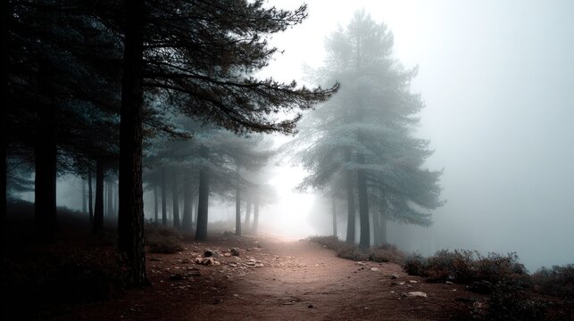 foggy forest path with muted colors, somber feeling --ar 16:9 --raw --profile nf7u6u9 --v 7 Job ID: 0b94eeab-8135-4835-91c9-05377b333274