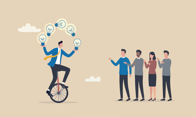 Creativity solid pale meeting teams together beige or cream color, with two smal innovation or skill to success in business, skillful businessman riding unicycle juggling lightbulb lamp metaphor of © Rozina