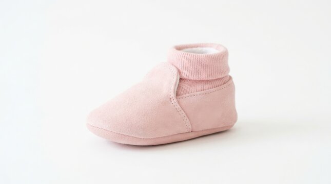 Pink soft baby bootie with folded cuff on white background