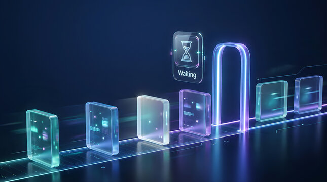 Futuristic tech illustration showing abstract data packages on a pipeline waiting for system validation and processing, cyber security loading background