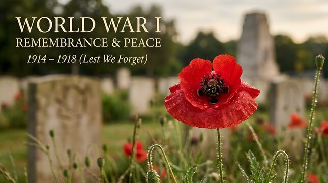 World war i remembrance field with red poppies and gravestones, lest we forget