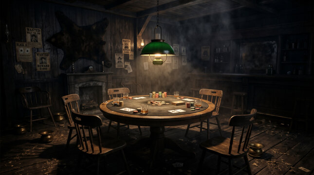 Dimly lit old west saloon poker room with a single hanging lamp casting light on an oak table with cards, chips, and whiskey tumblers. AI