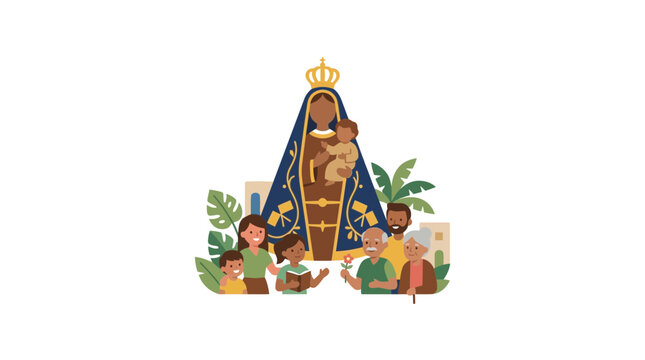 Diverse Group in Front of Crowned Virgin Mary Statue with Baby