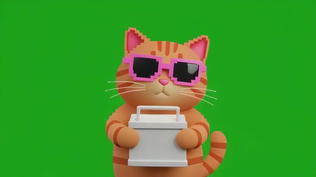 Orange tabby cat wearing sunglasses holding paper scroll with green screen background