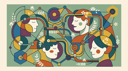 Fototapeta premium Abstract Flat Vector Illustration of Interconnected Human Heads and Geometric Shapes, Representing Connection and Thought Processes, with Botanical Elements