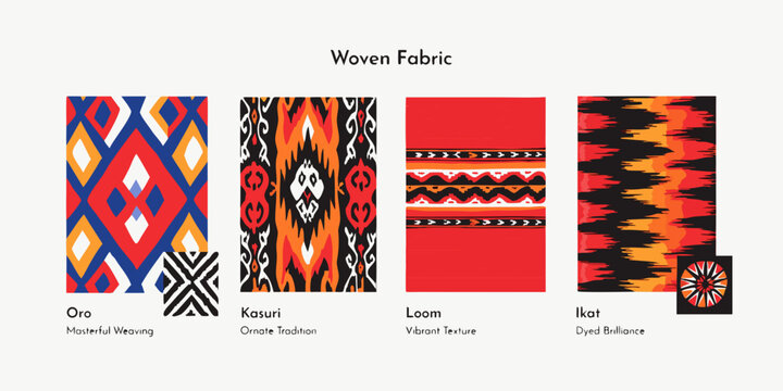 Collection of four different types of woven fabric with unique patterns and textures fabric design traditional craft patterns textures traditional masterful brilliance tradition geometric