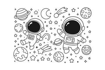 Two adorable cartoon astronauts floating in outer space with planets and stars drawn in a clean black and white style © BWKit