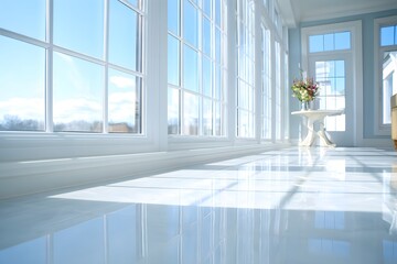 Fototapeta premium Sunlit room with clean, streak-free glass panes and polished floor reflecting bright daylight