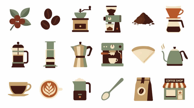 Flat Design Coffee Making Process Icons Set: From Bean to Cup, Featuring Grinders, Brewers, and Coffee Shop, Vector Illustration
