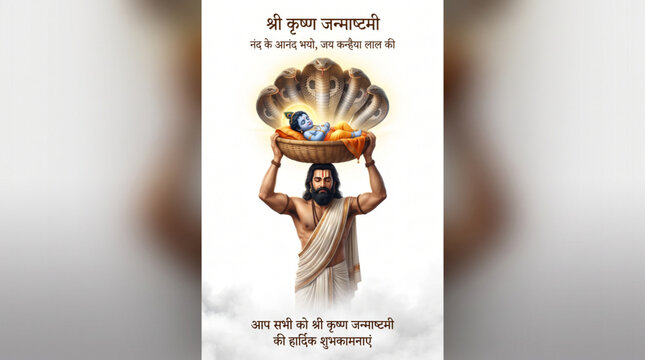Vasudeva carrying newborn Lord Krishna in a basket beneath Sheshnag on clean white background for Janmashtami greeting
