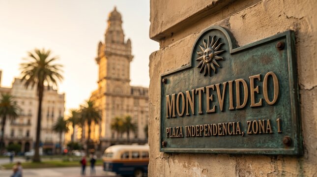 Montevideo Sign at Plaza Independencia with Historic Cathedral
