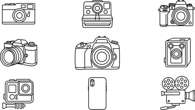 Collection Of Vintage And Modern Camera Line Icons On White Background