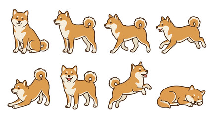 Obraz premium Set of cute Shiba Inu dog illustrations in various poses and actions.