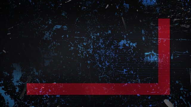 Abstract animated background with blue splashes of paint and a red frame on a black background. Grunge looped texture, 
