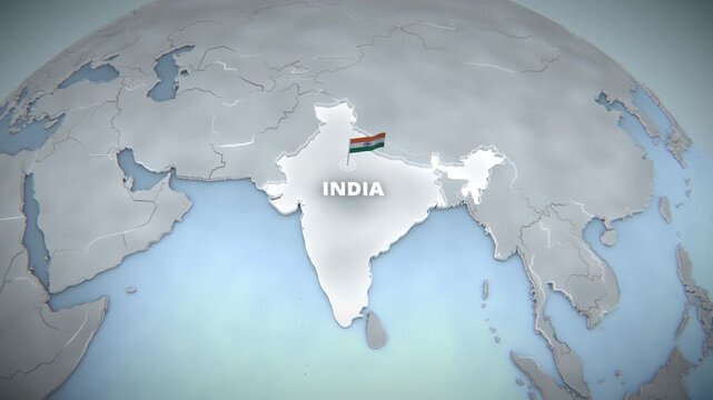 Detailed 3D map of India on a silver globe featuring a waving flag and glowing borders. Perfect for widescreen corporate backdrops, international trade videos, and documentary graphics.


