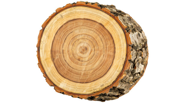 Round wooden log cross section showing annual tree rings and rough bark texture isolated on transparent background