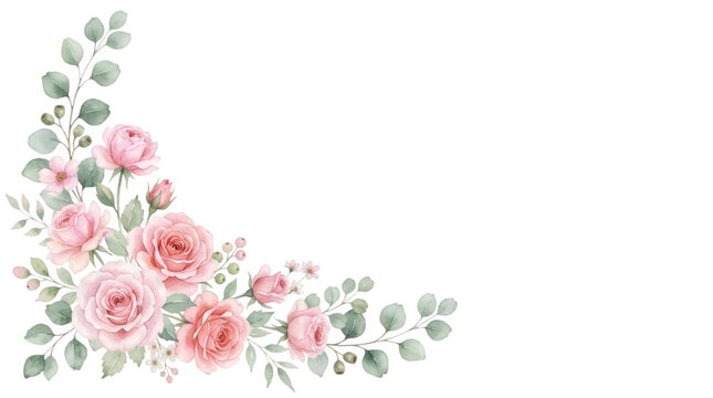 Watercolor floral corner arrangement with pink roses and eucalyptus, isolated on transparent background