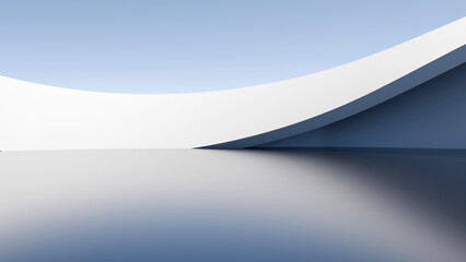 Abstract 3D render of white curved architectural wall on reflective floor with blue sky background. Minimalist futuristic outdoor space © ilham