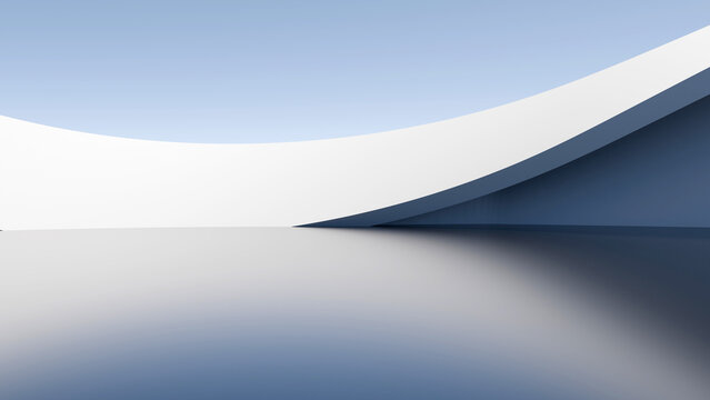 Abstract 3D render of white curved architectural wall on reflective floor with blue sky background. Minimalist futuristic outdoor space
