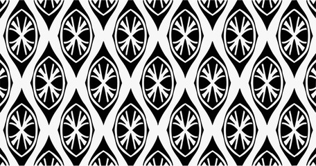 Black and white seamless geometric oval pattern with floral star elements in repeating symmetrical arrangement. Vector background for wallpaper, textile, and surface design. © Iron mystogan 