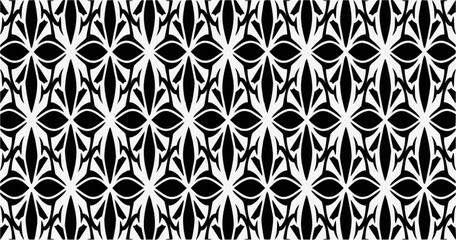 Black and white seamless floral ornamental pattern with repeating symmetrical petals and decorative geometric layout. Vector background for wallpaper, textile, and fabric. © Iron mystogan 