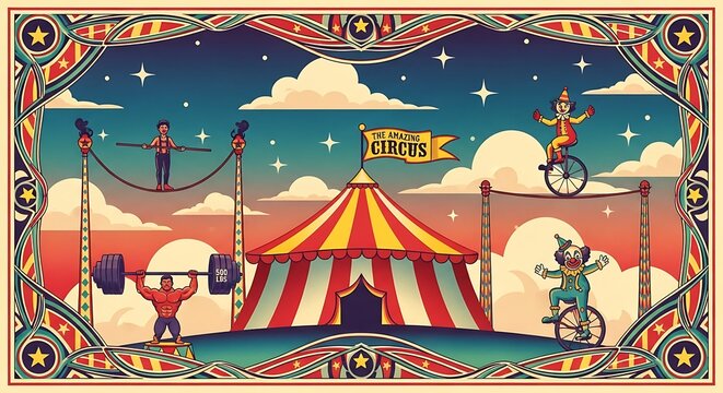 Vintage Circus Performers Surrounding Striped Big Top Tent Under Starry Sky