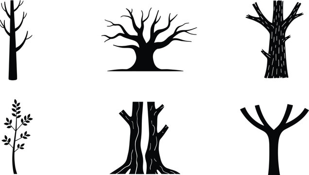 Collection of tree silhouettes and bare trunk vector set, abstract forest elements, leafless woodland icons, nature design illustrations isolated