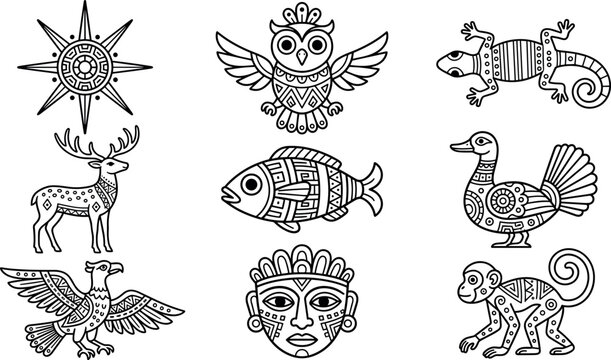 Tribal Style Black Line Art Aztec Totem Animal and Mask Vector Symbol Set