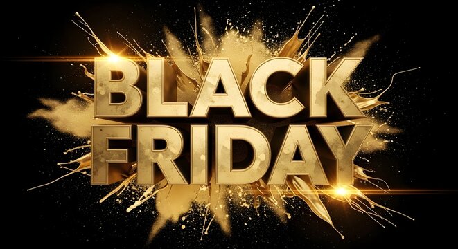 Black friday golden 3d text with liquid gold splash and explosion