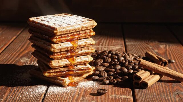 Delicious stack of golden waffles drizzled with syrup, powdered sugar, coffee beans, and cinnamon sticks on rustic wooden table