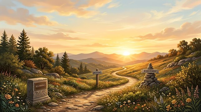 Winding dirt path leads through a colorful mountain meadow toward a bright golden sunrise under a soft painted morning sky