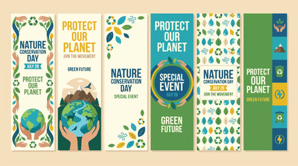 Naklejka premium Nature Conservation Day vertical vector banner set with recycling icons green leaves earth globes hands and flat eco graphics for environmental awareness