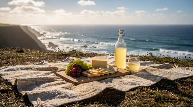 Scenic outdoor picnic on a cliff overlooking the ocean with organic cheese, grapes, and cold beverage, embodying quiet luxury lifestyle, summer vacation, and sustainable leisure.