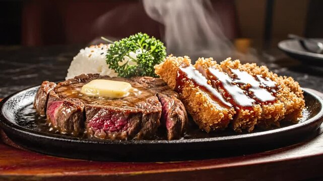 Savory steak and crispy fried cutlet with rice and fresh parsley on a sizzling plate