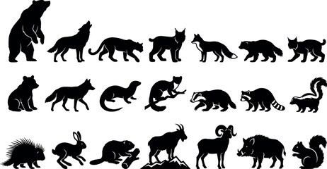 Naklejka premium Forest animal black silhouettes collection isolated on white background for nature design projects and logos