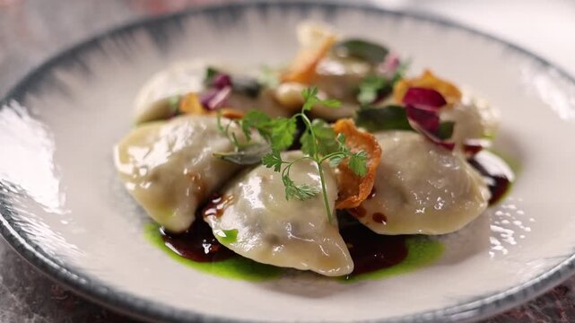 Close-up of freshly cooked dumplings stuffed with minced meat, traditional Ukrainian cuisine