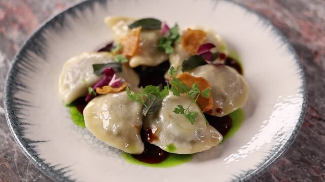 Close-up of freshly cooked dumplings stuffed with minced meat, traditional Ukrainian cuisine