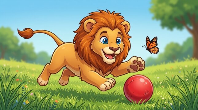 Cute Cartoon Lion Cub Playing with Red Ball in Sunny Meadow Wildlife Character Illustration