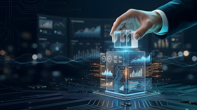 Enterprise data architecture concept with hand placing glowing digital cube representing modular software integration and business analytics