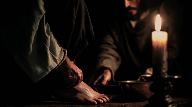 Jesus washes a disciple's feet during a quiet moment by candlelight in a dark room